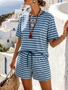 Selamara Women's Blue Striped Two Pieces Set, Casual Loose Short-Sleeve T-Shirt And Drawstring Shorts - Blue - View 7