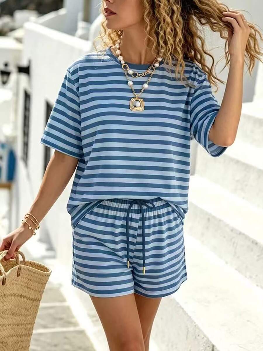 Selamara Women's Blue Striped Two Pieces Set, Casual Loose Short-Sleeve T-Shirt And Drawstring Shorts - Blue - View 1