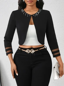 SHEIN Lady Jaket Lengan Panjang Wanita Ukuran Besar dengan Dekorasi Mutiara Imitasi, Kasual, Elegan, Serbaguna, Formal, Koktail, Hitam, Musim Gugur - Hitam - View 7