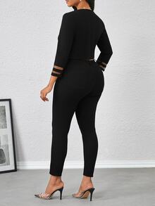 SHEIN Lady Jaket Lengan Panjang Wanita Ukuran Besar dengan Dekorasi Mutiara Imitasi, Kasual, Elegan, Serbaguna, Formal, Koktail, Hitam, Musim Gugur - Hitam - View 2