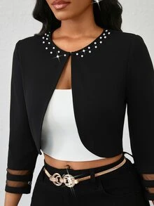 SHEIN Lady Jaket Lengan Panjang Wanita Ukuran Besar dengan Dekorasi Mutiara Imitasi, Kasual, Elegan, Serbaguna, Formal, Koktail, Hitam, Musim Gugur - Hitam - View 8