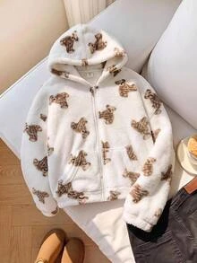 SHEIN Tween Girls Minimalist Fashion Kids Casual Plush Cute Bear Print Jacket, Autumn/Winter/All Season Wear - Multicolor - View 3