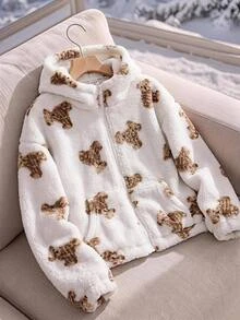 SHEIN Tween Girls Minimalist Fashion Kids Casual Plush Cute Bear Print Jacket, Autumn/Winter/All Season Wear - Multicolor - View 2