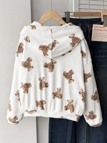 SHEIN Tween Girls Minimalist Fashion Kids Casual Plush Cute Bear Print Jacket, Autumn/Winter/All Season Wear - Multicolor - View 5