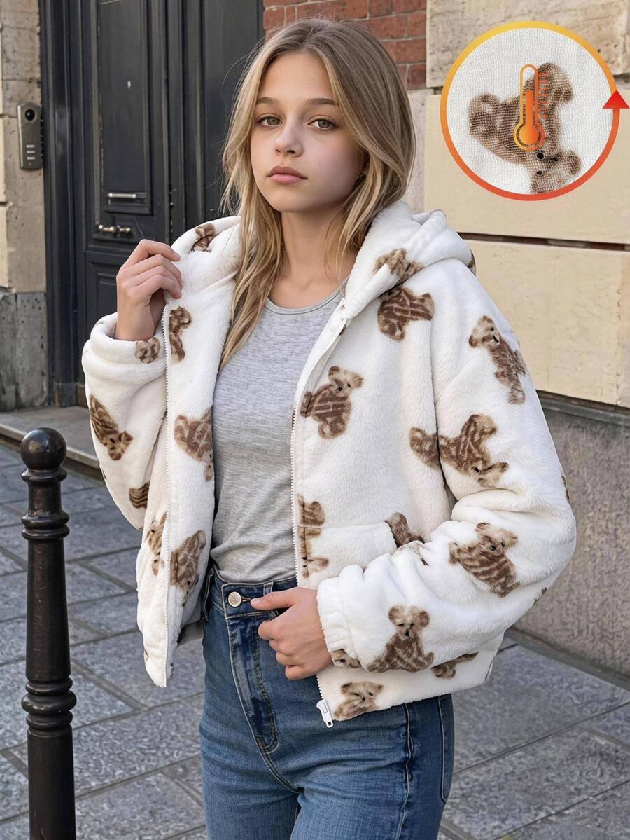 SHEIN Tween Girls Minimalist Fashion Kids Casual Plush Cute Bear Print Jacket, Autumn/Winter/All Season Wear - Multicolor - View 1