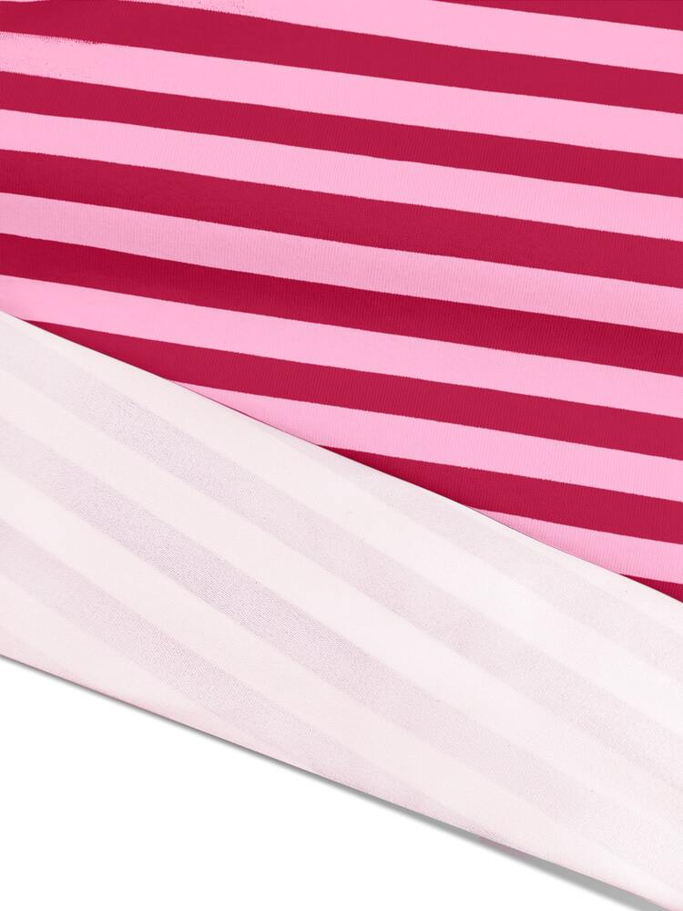 SHEIN Holidaya Women's Fuchsia Striped Two Pieces Set, Casual Loose Short-Sleeve T-Shirt And Drawstring Shorts Set, Summer Loungewear, Comfortable And Breathable Fabric, Suitable For Everyday, Vacation, And Home Wear As Stylish Streetwear - Multicolor - View 3