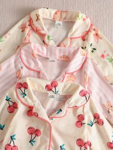 SHEIN 3pcs Newborn Baby Girl Jumpsuit Everyday Casual Pink White Bunny Cherry Animal Fruit Print Long Sleeve Lapel Regular Autumn Winter Infant Romper Set - Multicolor - View 5