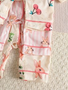 SHEIN 3pcs Newborn Baby Girl Jumpsuit Everyday Casual Pink White Bunny Cherry Animal Fruit Print Long Sleeve Lapel Regular Autumn Winter Infant Romper Set - Multicolor - View 7
