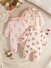 SHEIN 3pcs Newborn Baby Girl Jumpsuit Everyday Casual Pink White Bunny Cherry Animal Fruit Print Long Sleeve Lapel Regular Autumn Winter Infant Romper Set - Multicolor - View 8