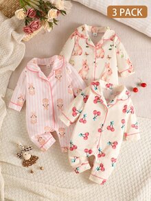 SHEIN 3pcs Newborn Baby Girl Jumpsuit Everyday Casual Pink White Bunny Cherry Animal Fruit Print Long Sleeve Lapel Regular Autumn Winter Infant Romper Set - Multicolor - View 3