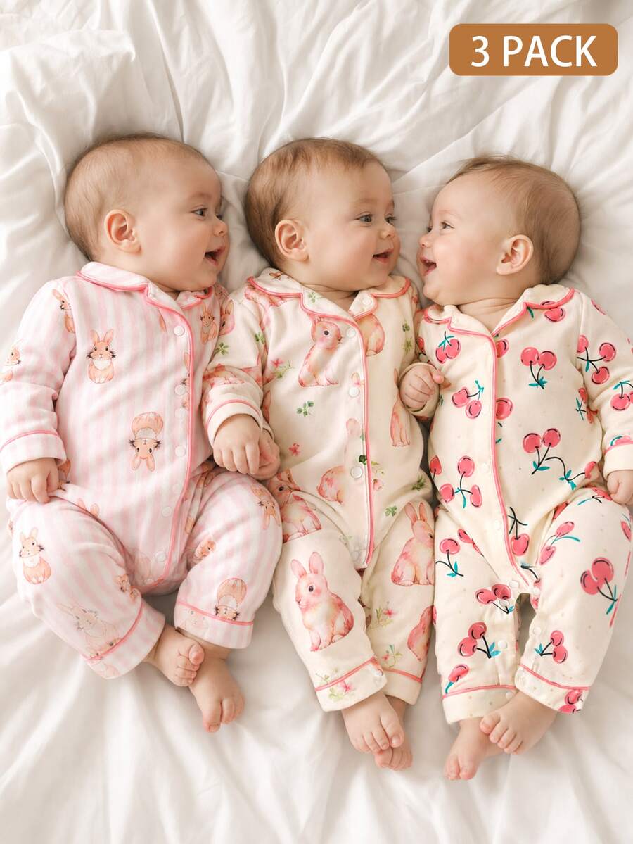 SHEIN 3pcs Newborn Baby Girl Jumpsuit Everyday Casual Pink White Bunny Cherry Animal Fruit Print Long Sleeve Lapel Regular Autumn Winter Infant Romper Set
