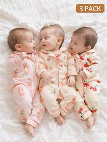 SHEIN 3pcs Newborn Baby Girl Jumpsuit Everyday Casual Pink White Bunny Cherry Animal Fruit Print Long Sleeve Lapel Regular Autumn Winter Infant Romper Set - Multicolor - View 4