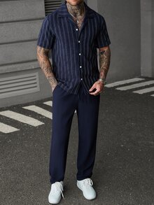 SLATEMANN 男士領條紋襯衫與抽繩長褲兩件套，復古海島度假穿搭，海軍藍修身寬鬆，街頭度假通勤風 - 藍色 - 查看 5