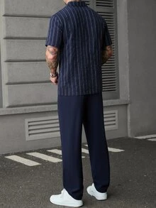 SLATEMANN 男士領條紋襯衫與抽繩長褲兩件套，復古海島度假穿搭，海軍藍修身寬鬆，街頭度假通勤風 - 藍色 - 查看 2