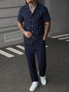 SLATEMANN 男士領條紋襯衫與抽繩長褲兩件套，復古海島度假穿搭，海軍藍修身寬鬆，街頭度假通勤風 - 藍色 - 查看 6