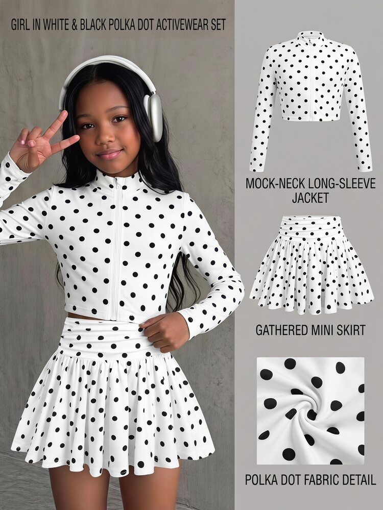 SHEIN Kids Tween Girls T-Shirt Co-Ords Spring/Autumn New Cute Casual Black & White Polka Dot Skirt Set: Long Sleeve Jacket And Mini Skirt, Summer, Autumn/Winter Innerwear - Black and White - View 1