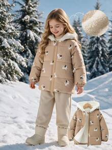SHEIN 女童冬季長袖連帽可愛時尚數位印花外套，適合戶外旅行，保暖防寒，嬰兒白 - 彩色 - 查看 4