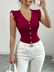 Elenzga 女款V領短袖素色T恤休閒日常款 - 酒紅色 - 查看 3