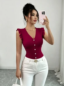 Elenzga 女款V領短袖素色T恤休閒日常款 - 酒紅色 - 查看 4