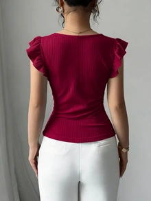 Elenzga 女款V領短袖素色T恤休閒日常款 - 酒紅色 - 查看 2