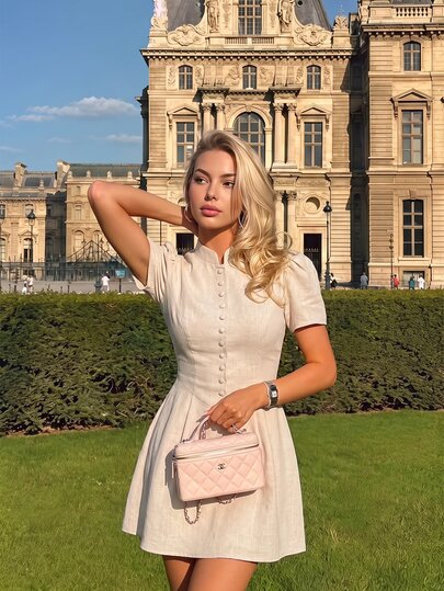 SHEIN MOD Vintage Inspired  Linen Dress With Puffed Sleeves And Button Detail For Summer,French Style Dress,Evening Dress, Chinese Style Dress