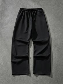 Manfinity Roughcore 男士黑色彈性抽繩側邊雙扣裝飾設計純色休閒運動長褲，哥德風 - 黑色 - 查看 2