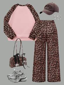 Tween Girls Striped Drop Shoulder Sweatshirt And Matching Sweatpants Two Pieces Set Back To School Autumn Winter - Pink - View 3