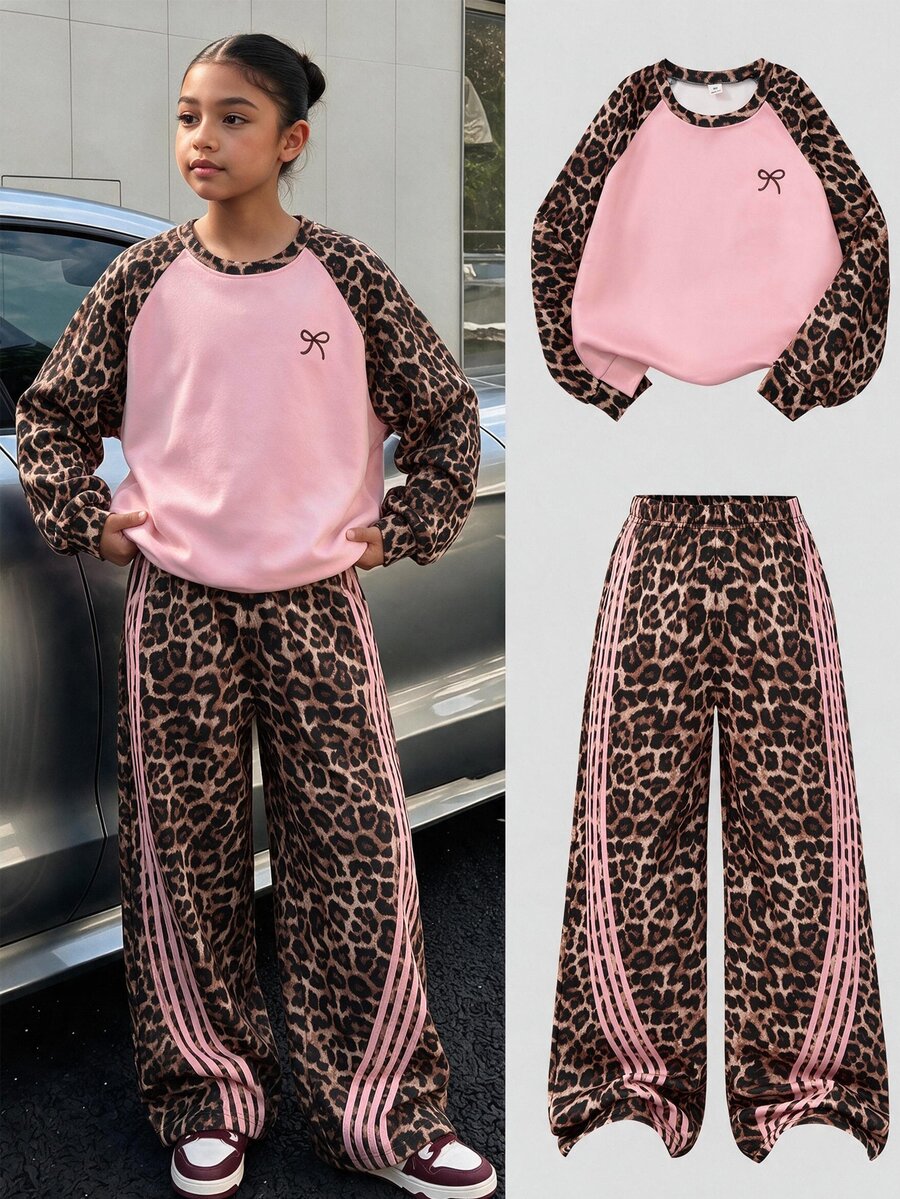 Tween Girls Striped Drop Shoulder Sweatshirt And Matching Sweatpants Two Pieces Set Back To School Autumn Winter - Pink - View 1