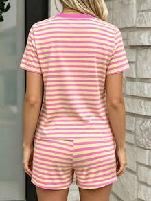 EMERY ROSE Women's Summer Pink & Yellow Striped Two Pieces Outfit, Crew Neck Short Sleeve T-Shirt & Shorts, Sporty Breathable Loungewear Set - Multicolor - View 3