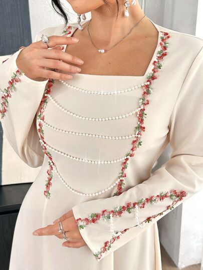 Yasmyna Rochie vintage franceză cu guler pătrat, brodată cu perle, mânecă lungă, elegantă, abaya musulmană pentru toamnă/iarnă