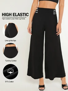 SHEIN BASICS 女款純色時尚百搭寬鬆寬腿褲 秋季居家休閒 純黑休閒百搭旅行度假 - 黑色 - 查看 7