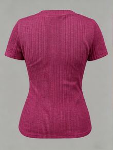 EMERY ROSE Women's V-Neck Asymmetrical Ribbed Casual Short Sleeve T-Shirt Everyday Magenta Summer - Hot Pink - View 2