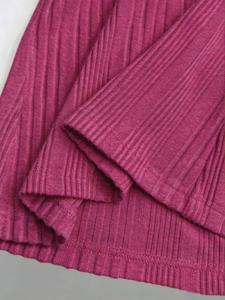 EMERY ROSE Women's V-Neck Asymmetrical Ribbed Casual Short Sleeve T-Shirt Everyday Magenta Summer - Hot Pink - View 3