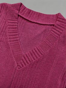EMERY ROSE Women's V-Neck Asymmetrical Ribbed Casual Short Sleeve T-Shirt Everyday Magenta Summer - Hot Pink - View 5