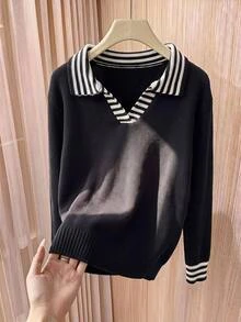 Rusticease Sweater Bergaris Hitam Putih dengan Kerah Kontras, Cocok untuk Kantor, Sehari-hari, Musim Gugur, Kasual, dan Preppy. - Hitam - View 1