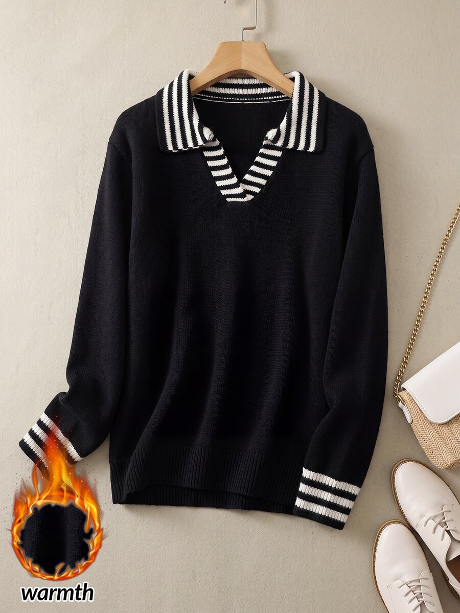 Rusticease Maglione a righe bianche e nere con colletto a contrasto, stile casual preppy, adatto per l'ufficio e l'uso quotidiano in autunno - nero - Visualizzare 1