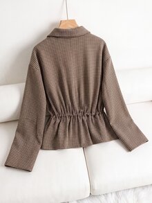 Rusticease Jaket Vintage Elegan Wanita Musim Gugur Musim Dingin, Jaket Kasual Wanita Musim Gugur Motif Kotak-kotak Vintage dengan Pinggang Berkerut, Jaket Kantor Sehari-hari Warna Cokelat Tua - MultiWarna - View 3