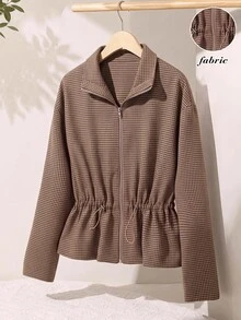 Rusticease Jaket Vintage Elegan Wanita Musim Gugur Musim Dingin, Jaket Kasual Wanita Musim Gugur Motif Kotak-kotak Vintage dengan Pinggang Berkerut, Jaket Kantor Sehari-hari Warna Cokelat Tua - MultiWarna - View 2