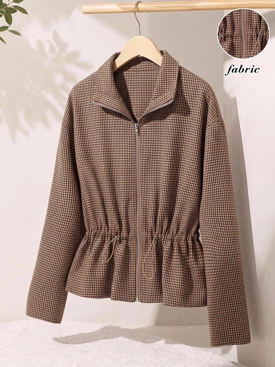 Rusticease Jaket Vintage Elegan Wanita Musim Gugur Musim Dingin, Jaket Kasual Wanita Musim Gugur Motif Kotak-kotak Vintage dengan Pinggang Berkerut, Jaket Kantor Sehari-hari Warna Cokelat Tua