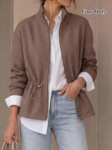 Rusticease Jaket Vintage Elegan Wanita Musim Gugur Musim Dingin, Jaket Kasual Wanita Musim Gugur Motif Kotak-kotak Vintage dengan Pinggang Berkerut, Jaket Kantor Sehari-hari Warna Cokelat Tua - MultiWarna - View 4