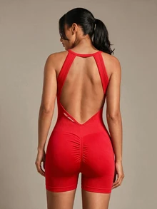 Slayform Slayform Core Rhythm 1pc Red Seamless Jumpsuit, Sleeveless Backless, Soft Comfortable Fit, For Workout, Running, Casual Sporty, Yoga Gym Body Suit Gym Rompers - Red - View 1