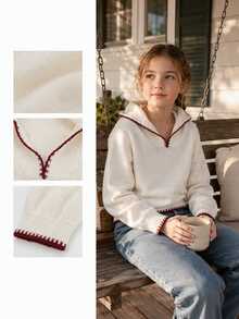 Sweater Rajut Berkerudung dengan Trim Blok Warna untuk Anak Perempuan Usia 8-12 Tahun, Model Pullover Longgar Bergaya Vintage - Putih - View 3