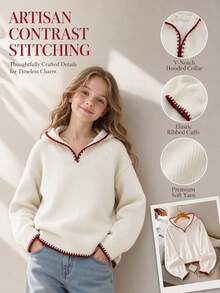 Sweater Rajut Berkerudung dengan Trim Blok Warna untuk Anak Perempuan Usia 8-12 Tahun, Model Pullover Longgar Bergaya Vintage - Putih - View 8