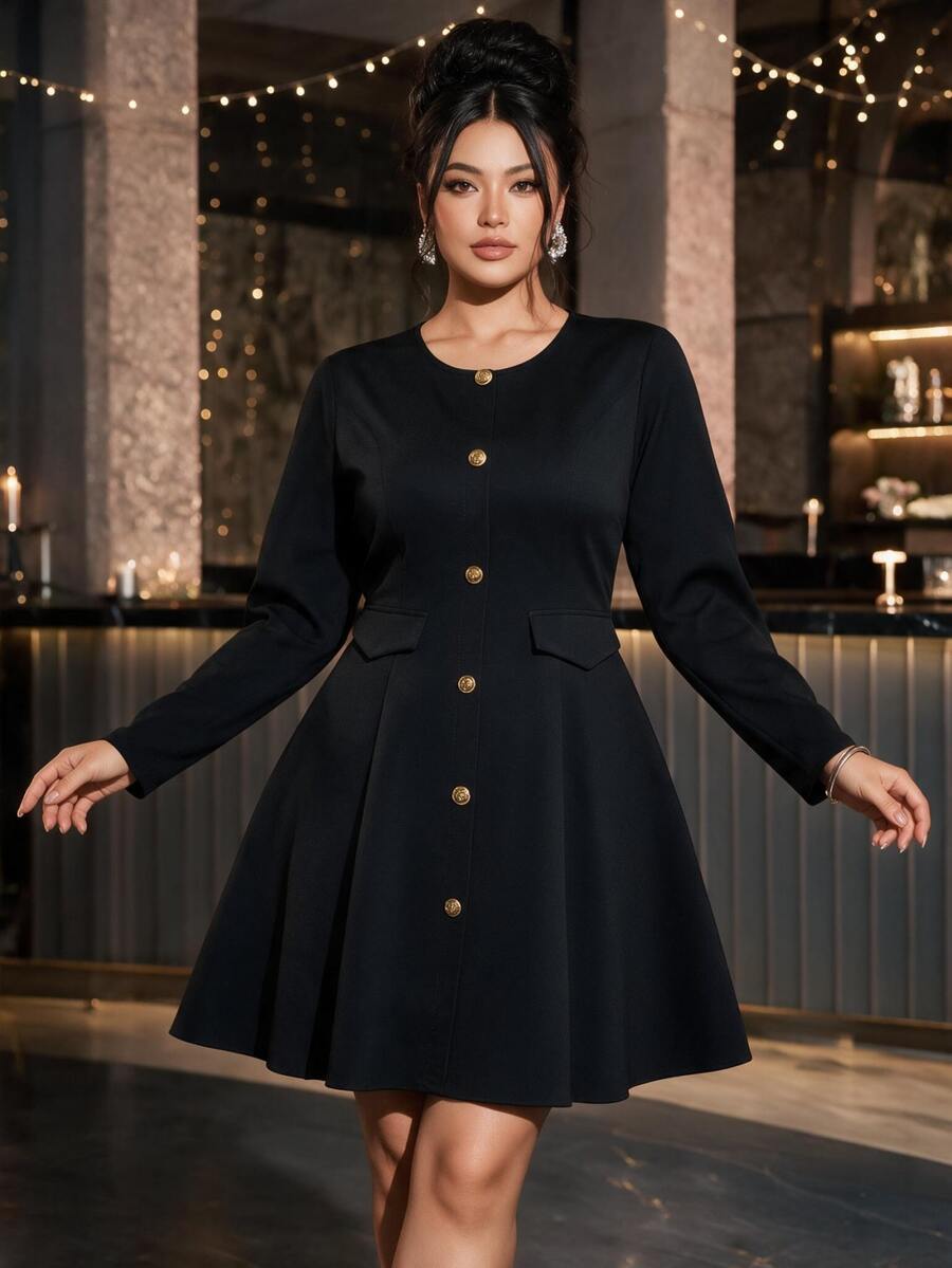 Elenzga Plus Size Women's Single-Breasted Long Sleeve Elegant Lightweight Dress Fall - Black - View 1