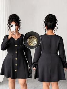 Elenzga Plus Size Women's Single-Breasted Long Sleeve Elegant Lightweight Dress Fall - Black - View 5