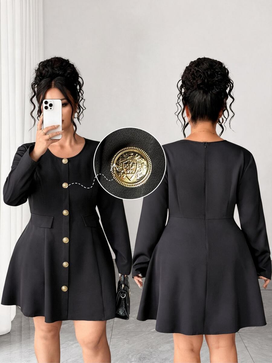 Elenzga Plus Size Women's Single-Breasted Long Sleeve Elegant Casual Smart Lightweight Dress Fall Office Party Working Black - Black - View 1