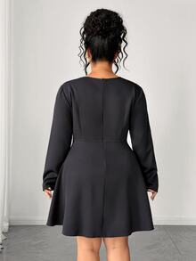 Elenzga Plus Size Women's Single-Breasted Long Sleeve Elegant Lightweight Dress Fall - Black - View 2