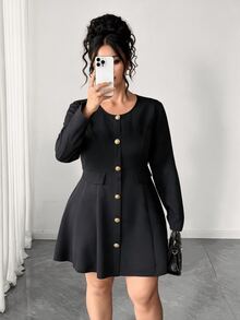 Elenzga Plus Size Women's Single-Breasted Long Sleeve Elegant Lightweight Dress Fall - Black - View 4
