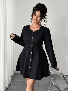Elenzga Plus Size Women's Single-Breasted Long Sleeve Elegant Lightweight Dress Fall - Black - View 8