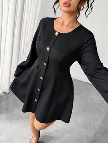 Elenzga Plus Size Women's Single-Breasted Long Sleeve Elegant Lightweight Dress Fall - Black - View 7